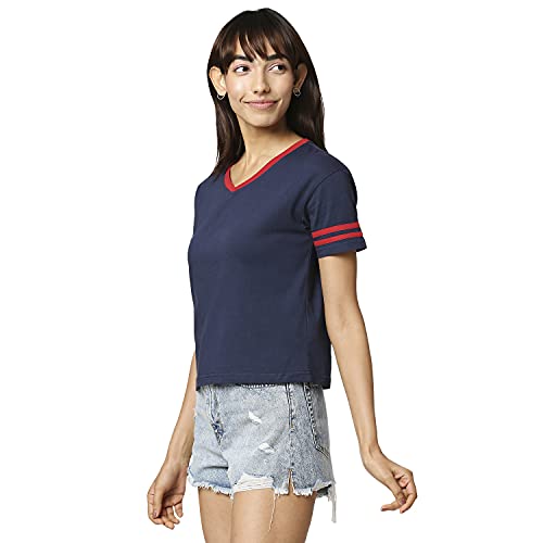 Image of Bewakoof Women Plain V Neck Stripe Accent Half Sleeve T-Shirt - XX-Large