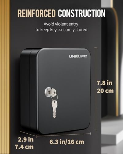 Uniclife 20 Position Key Cabinet with Key Lock Wall Mounted Black Security Storage Box Steel Key Organizer with Colorful Key Tag Labels Stickers and Hooks