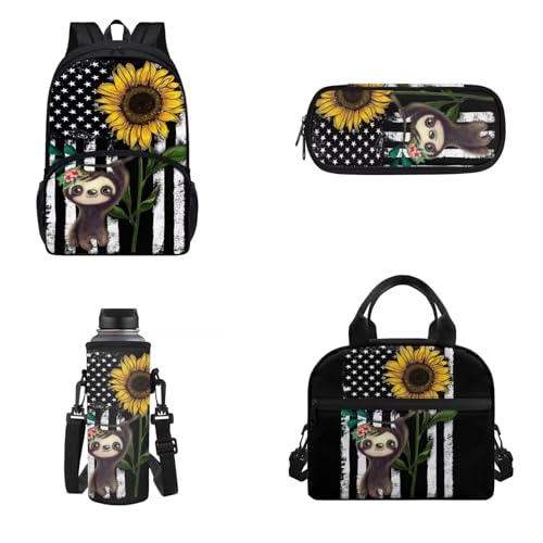4 pezzi zaino pranzo borsa portamatite porta bottiglia dacqua per bambini adulti isolato Girasole Bradipo Bandiera Usa Onesized Zaino per unisex leggero