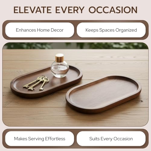 Image of Set of 2 pc Oval Wooden Serving Trays - Decorative Walnut Finish Food Platter L x W x H = 10 x 5 x 0.5 inch