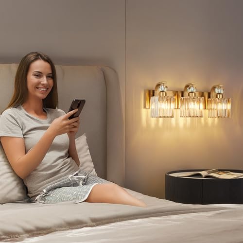 Vikdio Modern Bathroom Vanity Light, 3-Light Gold Bathroom Lighting Fixtures Over Mirror, 20.5" Crystal Wall Light Sconce for Bathroom/Bedroom/Vanity, Includes LED Bulbs, Easy Installation by Vikdio - Used condition - Image 7