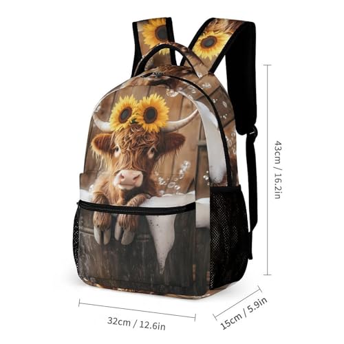 Cute Highland Cow Bath Printed Backpack with Lunch Box Bag Pencil Case Pouch 3pcs Daypack Set for Women Men2