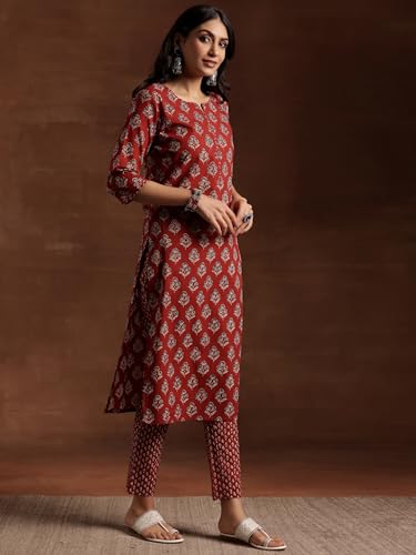 Image of Libas Womens Printed Cotton Straight Kurta with Trousers and Dupatta Suit