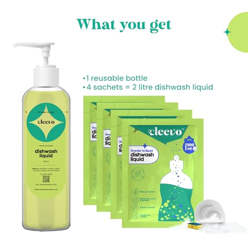 Image of Cleevo Dishwash Liquid Gel 2L Bottle Pack (4 Sachets makes 2 Litre)|Powder to Liquid | Removes Grease, Oil & Burnt Residue | Non-Toxic, Kids & Pet Safe Dishwashing Gel (Lime)