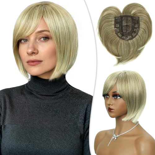 PHOCAS 8" Blonde Hair Toppers for Women with Thinning Short Hair Topper with Bangs, 6 * 6 Full Top Hair Pieces for Women Daily Use