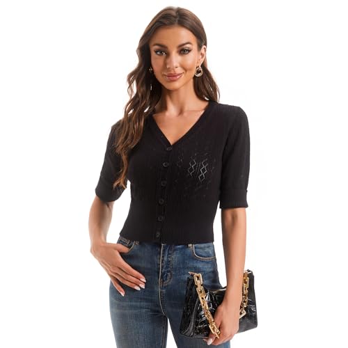 Women's V Neck Cropped Cardigan, Short Sleeve Casual Button Front Knit Sweater Top3