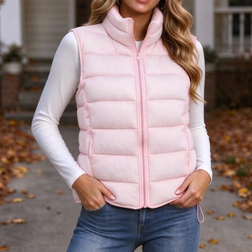 Women's Puffer Vests Fall Winter Lightweight Cropped Jackets with Pockets | Stand Collar,Drawstring Hem,Full Zipper,Quilted Down Coats,Fashion Casual Jacket,Fall Winter Daily Wear,Travel Cozy Outerwear — view 3