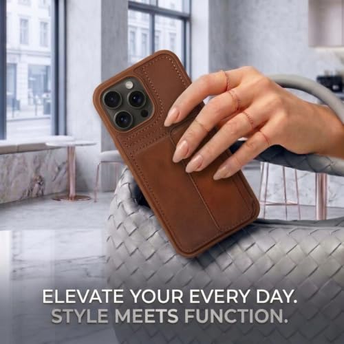 Image of amazon basics Luxury Vegan Leather Back Cover for iPhone 12 Pro Max | Built-in Card Holder Slot | Integrated Mobile Stand | Slim Shockproof Protective Case with Stitched Finish - Brown