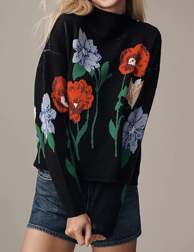 Womens Floral Mock Neck Sweaters Fall Long Sleeve Loose Casual Knit Flower Color Block Pullover Sweater Tops2