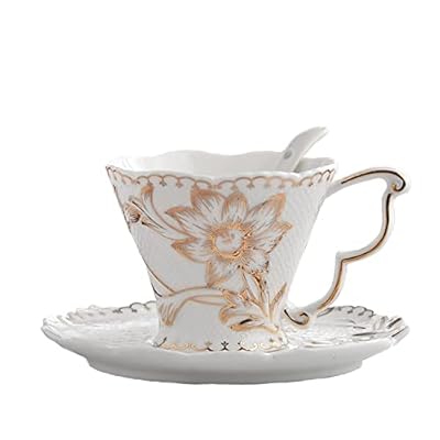 SHZMJL Teacup and Saucer and Spoon Sets?Vintage Bone China Tea Cups?Rose Teacup?Rose Flower Set 6.8 Oz?Euro Style Bone China Tea Cups and Saucers Set for Tea Party Christmas Gifts (Golden)