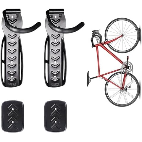 DIRZA Bike Wall Mount Rack with Tire Tray - Vertical Bike Storage Rack for Indoor,Garage,Shed - Easy to install - Great for Hanging Road,Mountain or Hybrid Bikes - Screws Included - 2 Pack Cover