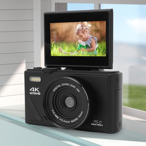Cámara Digital de 5k, Cámara de Vlogging de 75MP, con Zoom de 18x, Pantalla de Flip de 3 Pulgadas, Cámara Compacta HD, para Fotografía de Viaje (Black)