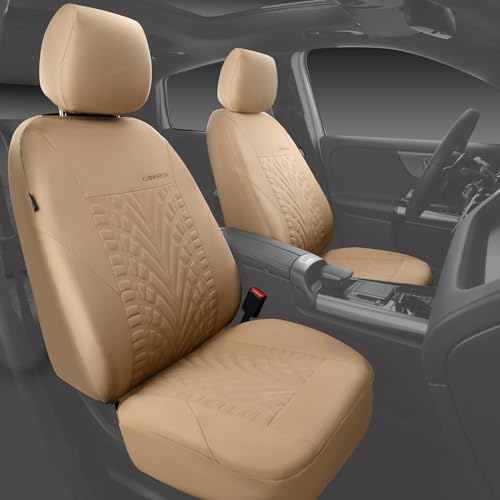 Image of CAR PASS Car Seat Covers Full Sets, Front & Split Rear Bench for Car, 3D Tyre Embossed Automotive Interior Covers, Airbag Compatible, Quick Setup Universal Fit Seat Covers for Car, SUV(All Beige)