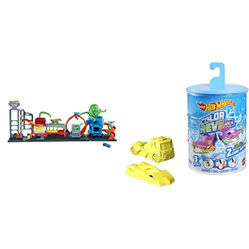 Hot Wheels City Autolavado del Pulpo, Pista de Coches de Juguete para Acrobacias (Mattel HBY96) + Color Reveal, Coche de Juguete Que Cambia de Color con el Agua, Modelo Surtido (Mattel GYP13)