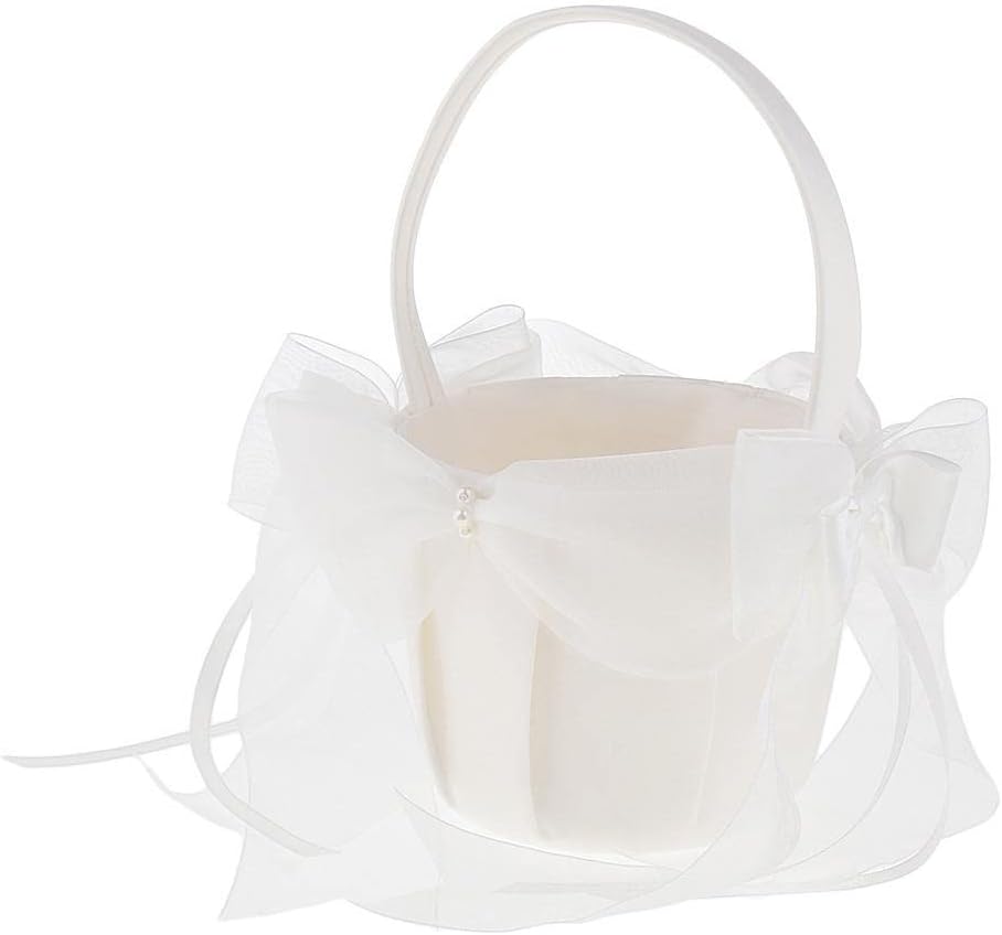 Basket for Girl in Beige Satin Flower with Big Ribbons 21x22cm Decorate Weddings