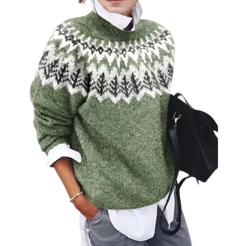 Women's Boho Fair Isle Pattern Long Sleeve Crewneck Sweater Lightweight Cozy Fall Winter Knitwear Pullover Tops