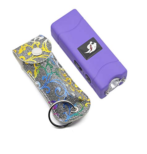Foxfend Mini Stun Gun Pepper Spray Combo for Self Defense - Extremely Powerful Stun Gun with Flashlight Police Grade Max Strength 10% Pepper Stream w/Pouch (Silver Flower)