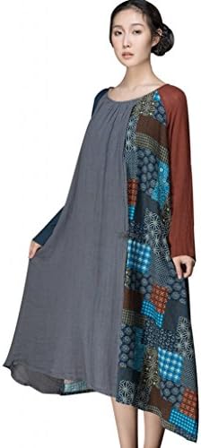 Jiqiuguer Lady’s Long Loose Spliced Figured Cloth Dress, Artistic Linen Casual Irregular Maxi Dress Grey