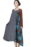 Jiqiuguer Lady’s Long Loose Spliced Figured Cloth Dress, Artistic Linen Casual Irregular Maxi Dress