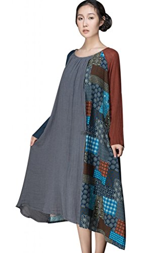 Jiqiuguer Lady’s Long Loose Spliced Figured Cloth Dress, Artistic Linen Casual Irregular Maxi Dress Grey #TOP24