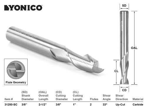Image of YONICO CNC Endmill Router Bit Solid Carbide 3 /8-Inch Diameter X 1-Inch Cutting Length 3 /8-Inch Shank 14423