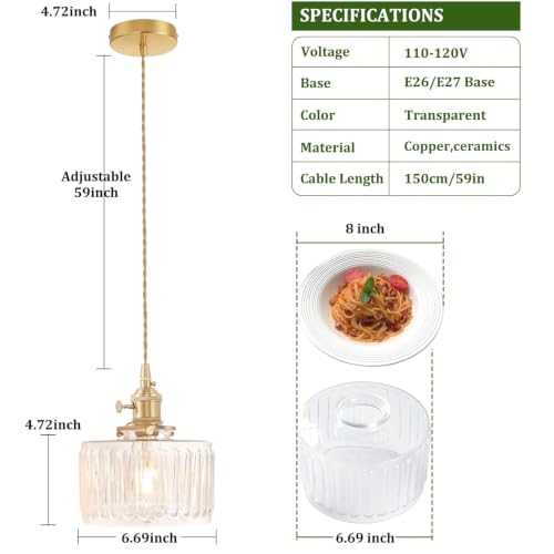 Image of Shenmoyl Pendant Light 2 Pack with Clear Striped Glass Lmapshade, Brass Vintage Pendant Light Adjustable Hanging Light for Kitchen Island Dining Room Hallway