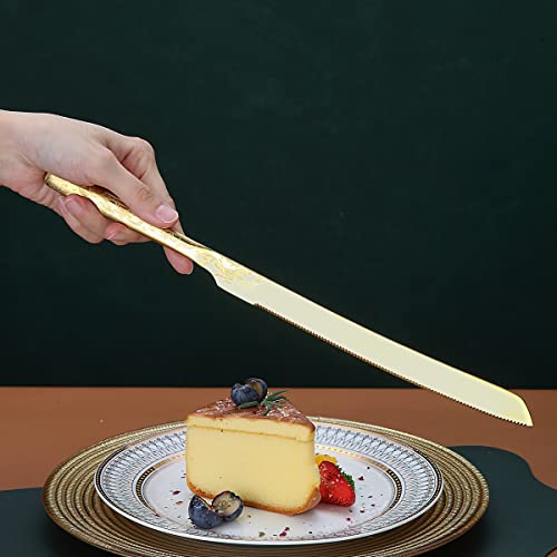 Berglander Gold Wedding Cake Knife And Server Set, Titanium Gold Plating With Unique Pattern Design Cake Cutter Serving Set Perfect For Wedding, Birthday, Parties And Events Dishwasher Safe #TOP6