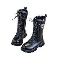 Girls Lace Up Combat Boots Mid Calf Riding Boots PU Leather Side Zipper Punk Goth Lug Sole Boot 4-11 Years