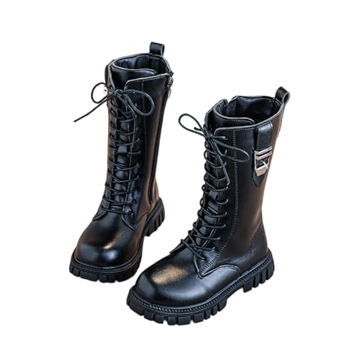 Girls Knee High Boots Lace Up Combat Boots Mid Calf Non Slip Boot Riding Boot PU Leather Side Zipper Punk Goth Shoes