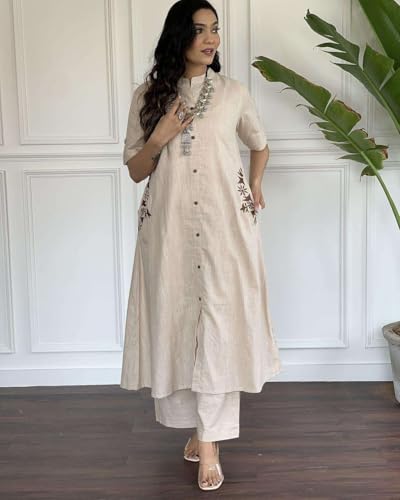 Image of Women's Cotton Embroiderd Long A-Line Kurti with Palazzo