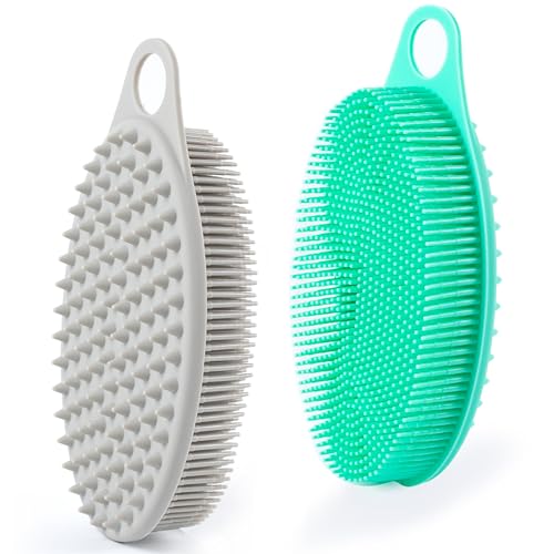 MtBoi 2 Pack Silicone Exfoliating Body Scrubber, Soft Silicone Loofah for Sensitive Skin, 2-in-1 Body Brush & Shower Head Massager, Easy to Clean, Rich Lather (Gray&Green)
