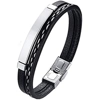 LEGADO Pulsera Hombre, Cuero PU y Acero Inoxidable, Brazalete Vikingo Chico Negra combinable con Anillo Pendiente Collar Colgante o Tobillera muñequera, Personalizable (Silver 21,5)