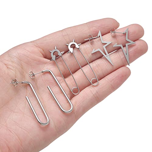 Ofeiyaa 12 Pairs Stainless Steel Classic Dangle Earrings for Men Punk Gothic Long Chain Piercing Drop Earring Set Hinged Hoop Huggies Earring Jewelry Gift Silver Black Tone