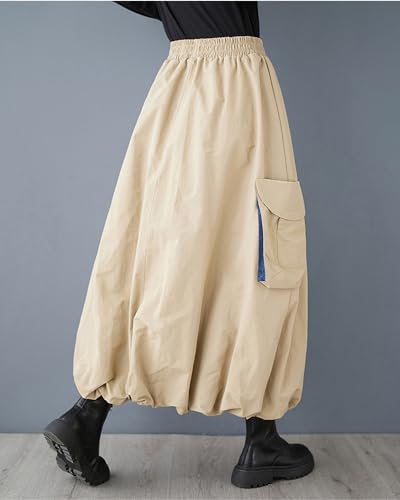 ellazhu Women's Skirt Loose Oversize Elastic Waist Casual Mid Length Solid Side Pocket GZ3452