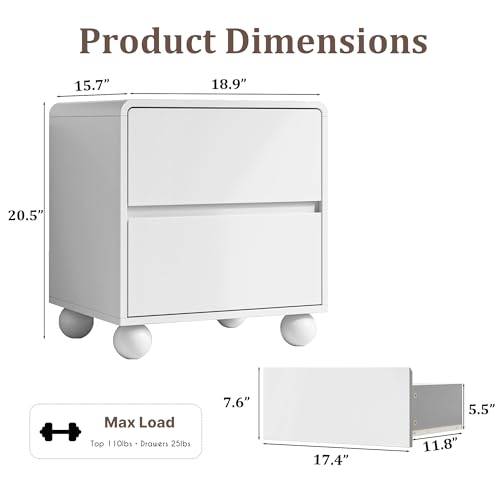 Image of MAISONARIA Curved Nightstand Set of 2, Modern Nightstand with 2 Large Storage Drawers, Wooden Endside Table for Bedroom, White