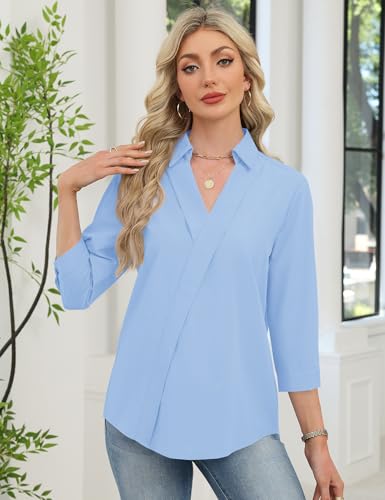 Image of LOMON 3 /4 Length Sleeve Womens Tops Dressy V Neck Collared Shirts Trendy Business Casual Work Blouses Vacation Outfits 2026