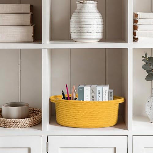 Image of WILLITAT Yellow Basket for Gifts Empty, 13 inchx 9 inchx 5 inch Small Woven Gift Basket with Bag and Ribbon, Cotton Rope Dog Cat Toy Bin Box, Cute Baby Nursery Organizer, Decorative Storage with Handles, Yellow