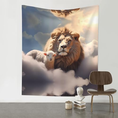 Tapisserie murale agneau et lion sur nuages BROLEO décor poétique maison