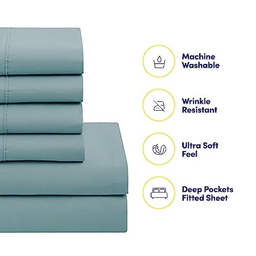 Sweet Home Collection 7 Piece Comforter Set Bag Solid Color All Season Soft Down Alternative Blanket & Luxurious Microfiber Bed Sheets, Misty Blue, Queen