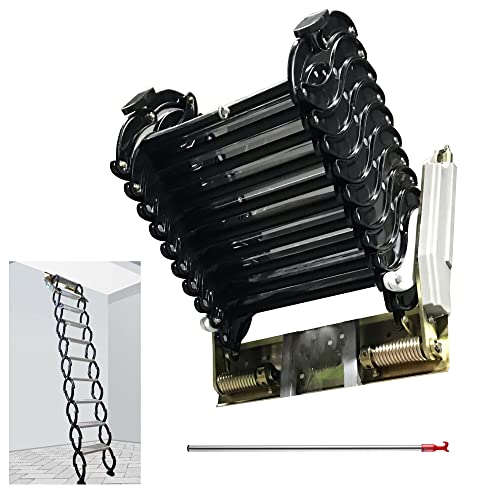 Intbuying 21.2X5.5In Frame Size Folding Loft Ladder, Al-Mg Alloy Narrow Wall Mounted Retractable Extension Stairs Black Color 8.2-9.2Ft Vertial Height 10+2=12Pcs Pedals Telescopic Ladder #TOP6