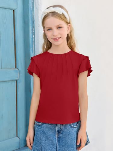 Image of Haloumoning Girls Pleated Ruffle Short Sleeve Shirts Kids Summer Crewneck T-Shirts Fashion Tops Tees 5-14 Years