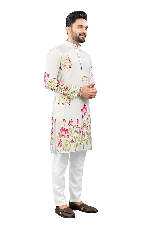 Image of Men's Cream Ethnic Kurta with Lotus Floral & Animal Print - Mandarin Collar, Full Sleeves, Festive & Casual Wear