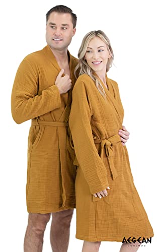 Aegean Concept - Muslin Bathrobe Organic Turkish 100% Cotton | Unisex - Men And Women | Super Absorbent, Sustainable And Cozy, Breathable And Fast Dry - Bath, Beach, Pool, Spa, Shower, Gym [Mustard-L] #TOP4