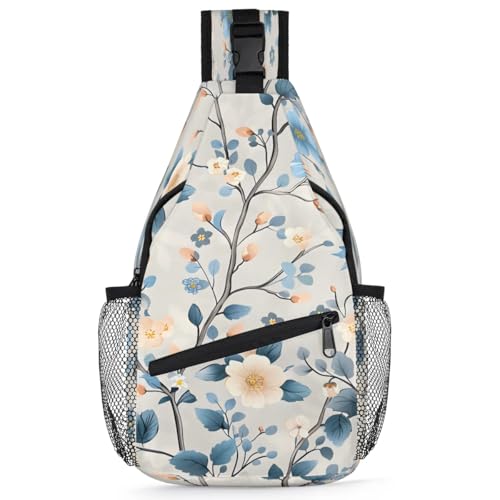 Bolso cruzado sling para mujer y hombre, flores, azul