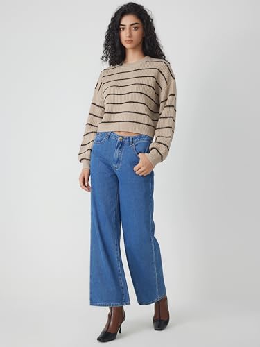 Image of CIDER Women's Cropped Striped Sweater Long Sleeve Crew Neck Trendy Pullover Tops