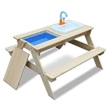 Alle Bestandteile sind sauber geschliffen. Die Ecken und Kanten sind abgerundet, sodass keine Verletzungsgefahr für die Kinder besteht. Die verwendete Erstlasur basiert auf Wasser. Für einen höheren Witterungsschutz empfiehlt sich die Nachbehandlung des Holzes.