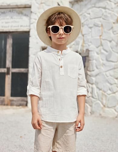 Image of Arshiner Boys Cotton Linen Henley Shirt Button Down Shirt Long Sleeve T Shirt Beach Shirt Tee Casual Solid Tops