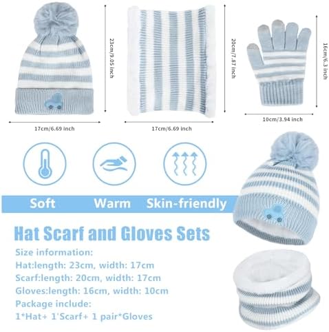 Kids Winter Warm Beanie Hat Scarf Gloves Set,4 Pcs Kids Winter Beanie Hat Scarf Gloves Set Thick Fluffy Toddler Scarf for 2-8 Years Old Boys Girls (UK, Age, 3 Years, 8 Years, Blue)