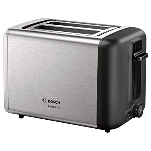 Bosch TAT3P420DE DesignLine - Tostadora compacta, función de descongelación y calentamiento, accesorio para panecillos retráctil, apagado automático, 970 W, acero inoxidable/negro
