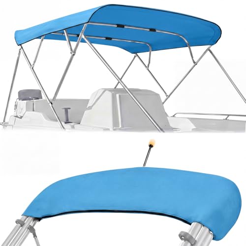 900D Boat Bimini Top Replacement Canvas Cover 4 Bow 96 L x 91-96 W Blue Waterproof UV Resistant Marine Canopy with Zipper Sleeves & Storage Boot Fit Pontoon Jon Boats (Frame Not Included)